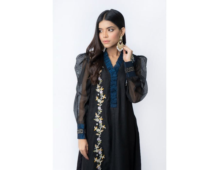 Sana Noor- Black Cotton Net Embroided kurti