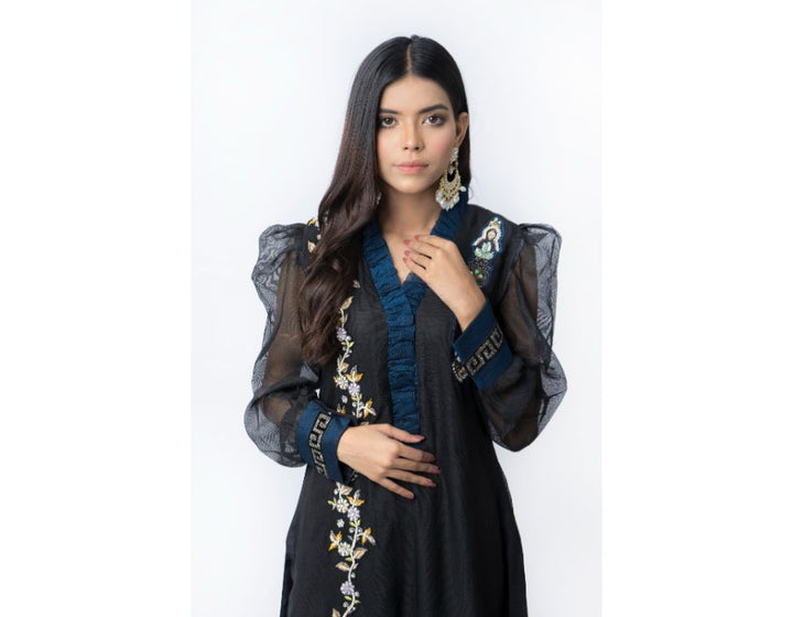 Sana Noor- Black Cotton Net Embroided kurti