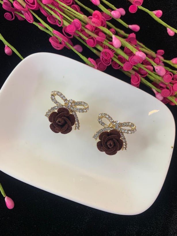 Garnet Lane- Rhinestone Bow And Flower Clipon Earings Brown