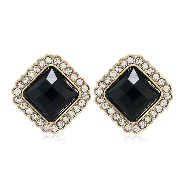 Shein- Fashion Female Crystal Black Square Stone Stud Earrings Jewelry Vintage Wedding For Women Gifts