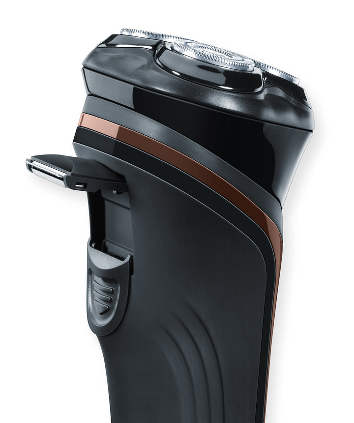 Beurer- Rotary Shaver. 3 spring loaded dual-ring shaver head. Additional 2-in-1 beard styler