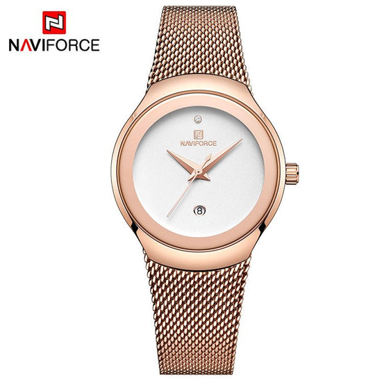 NAVIFORCE- NF5004 cheap rose gold womens quartz watch max price Mesh band water resistant auto date Concise bracelet watch design Gold