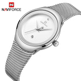 NAVIFORCE- NF5004 womens quartz watch max price Mesh band water resistant auto date Concise bracelet watch design Silver