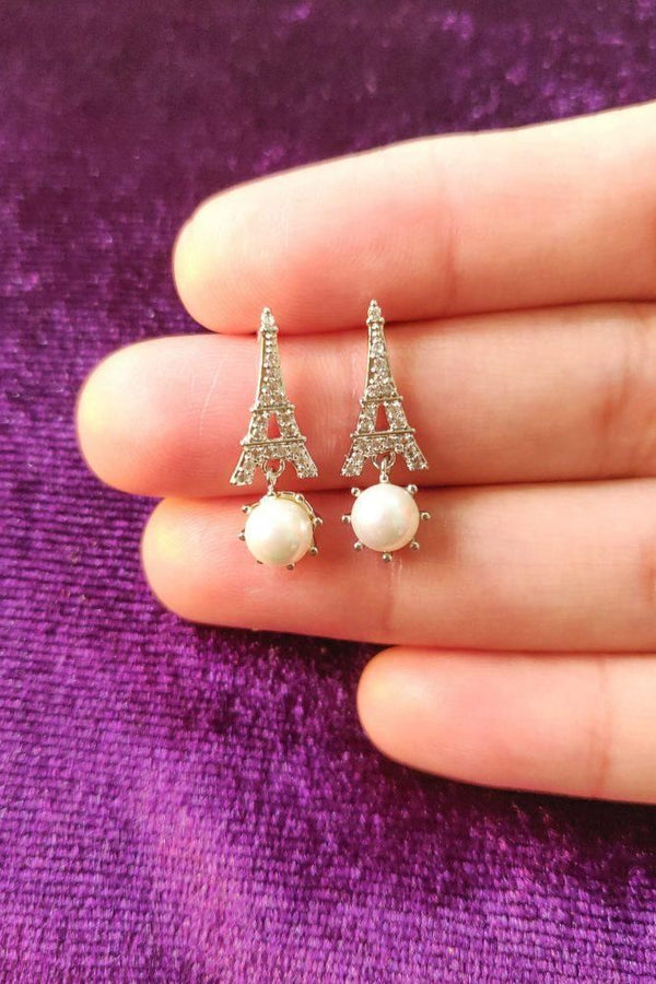 Zardi- AGE0022 - Silver Sparkling Crystal Pearl Eiffel Tower Earring