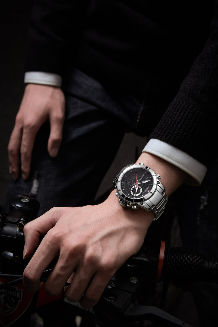 NAVIFORCE- Men Military Sport Watches Digital Analog Waterproof Stainless Steel Wristwatch NF9163 Silver