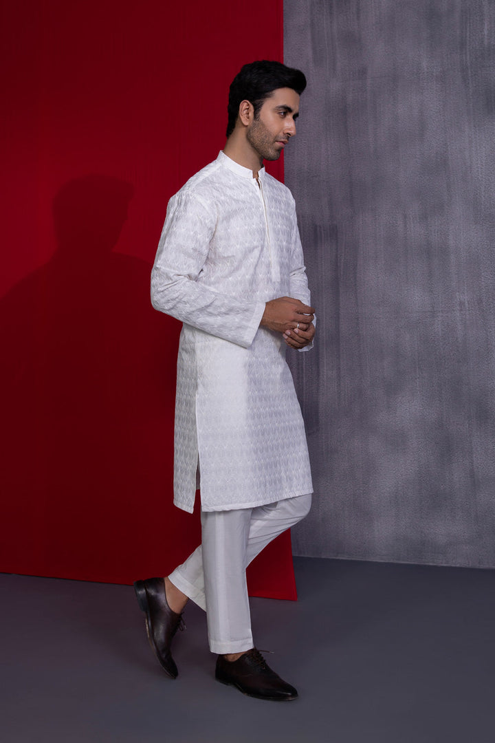 Mens Stitched White Cotton Schiffli Embroidered Kurta