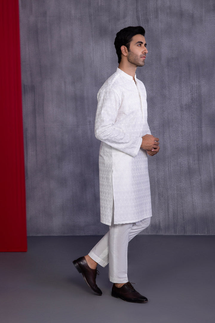 Mens Stitched White Cotton Schiffli Embroidered Kurta