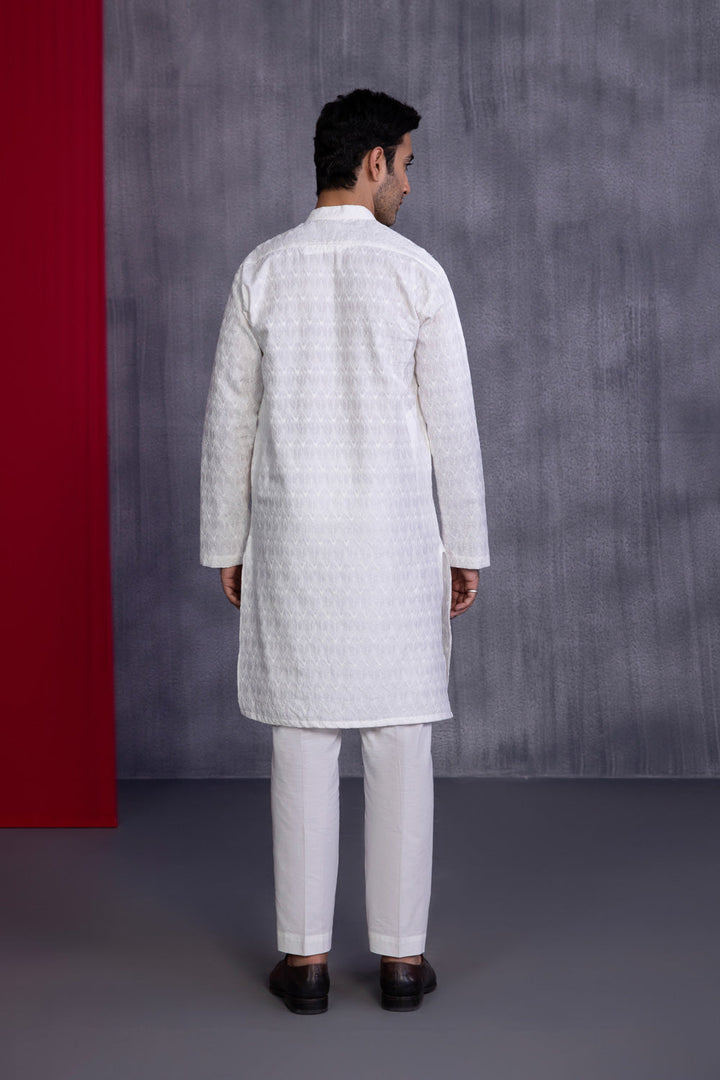 Mens Stitched White Cotton Schiffli Embroidered Kurta