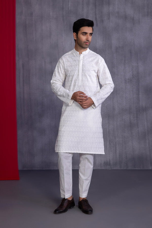 Mens Stitched White Cotton Schiffli Embroidered Kurta