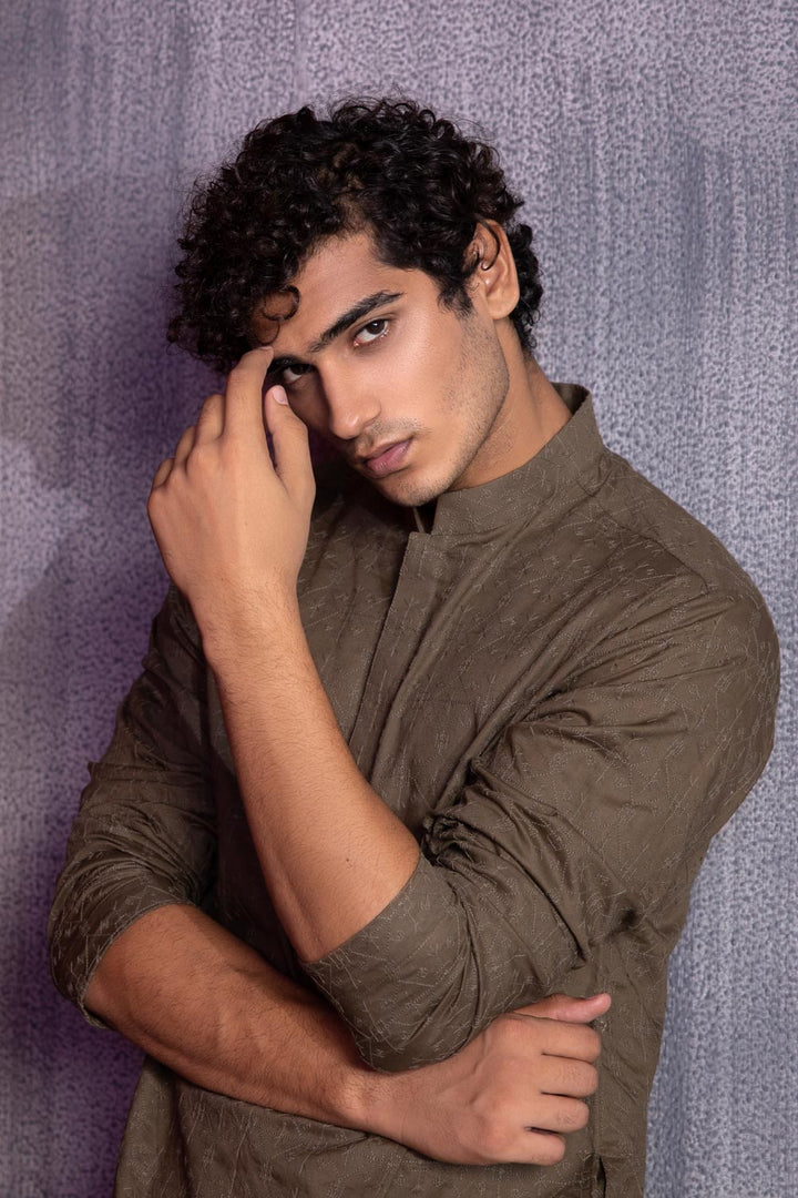 Mens Stitched Olive Green Cotton Schiffli Embroidered Kurta