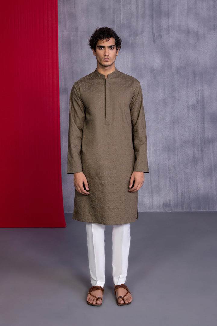 Mens Stitched Olive Green Cotton Schiffli Embroidered Kurta