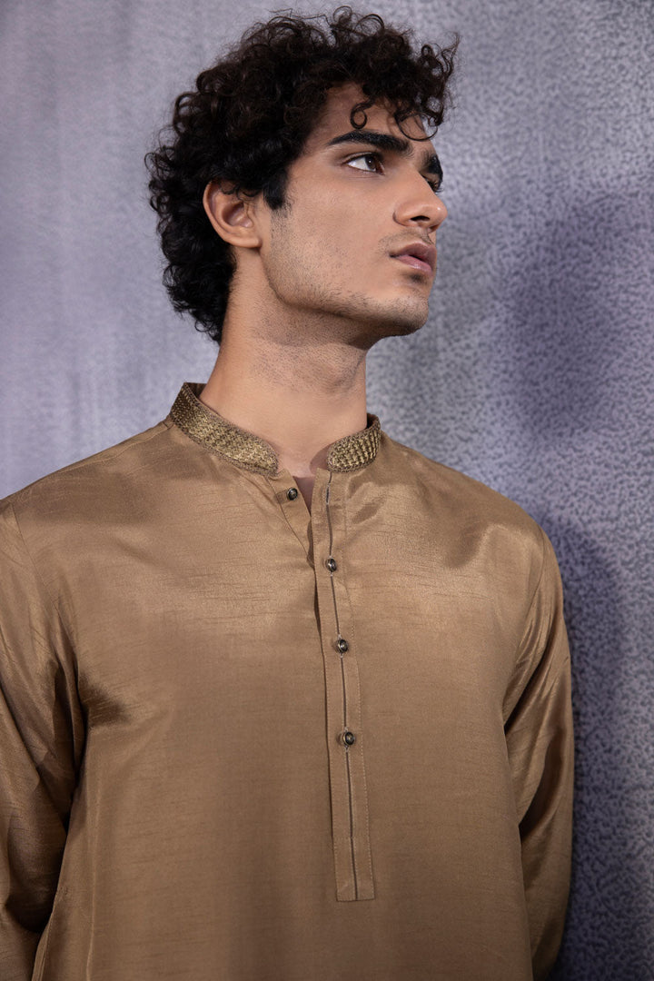 Mens Stitched Khaki Olive Raw Silk Embroidered Kurta