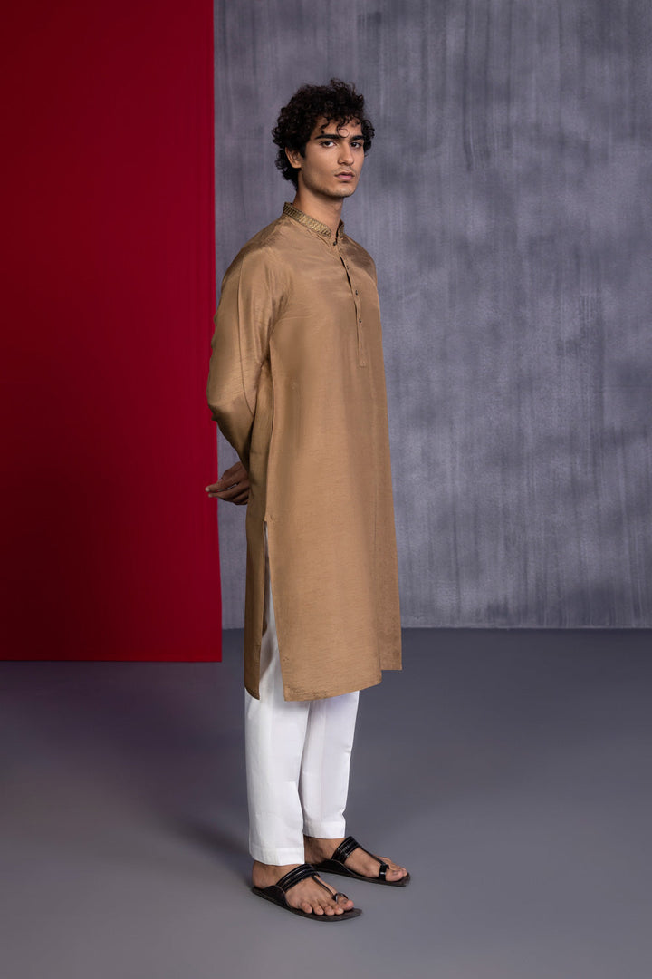 Mens Stitched Khaki Olive Raw Silk Embroidered Kurta