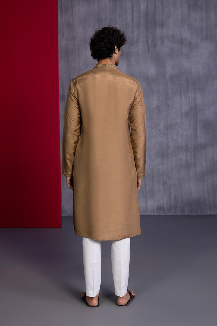 Mens Stitched Khaki Olive Raw Silk Embroidered Kurta