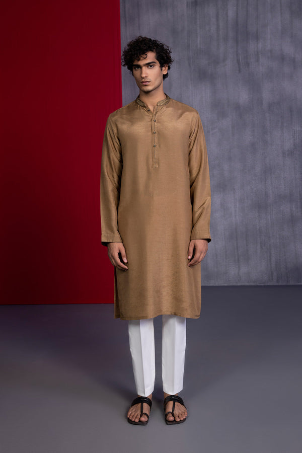 Mens Stitched Khaki Olive Raw Silk Embroidered Kurta