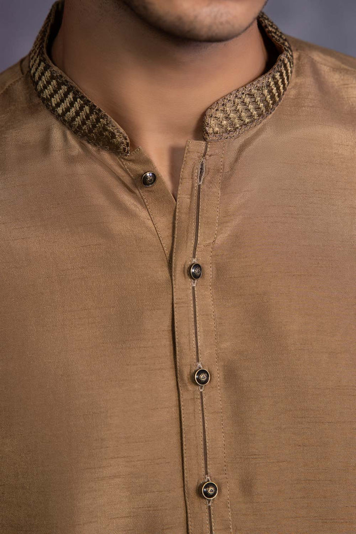 Mens Stitched Khaki Olive Raw Silk Embroidered Kurta