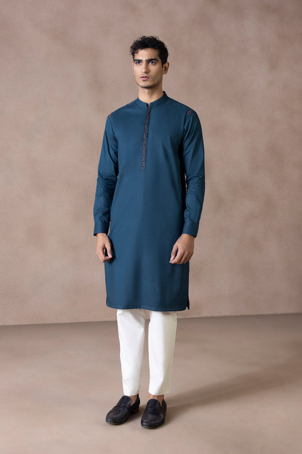 Menswear Stitched Teal Blue Winter Cotton Jacquard Kurta