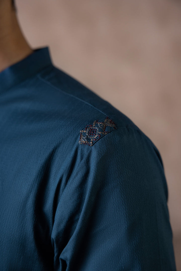 Menswear Stitched Teal Blue Winter Cotton Jacquard Kurta