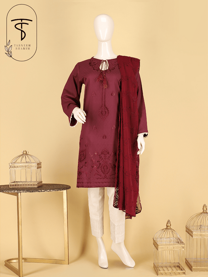 Roshnaay- Maroon Jacquard and Embroidered Unstitched 3 Piece Suit