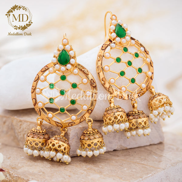 Medallion Dusk- Mesh Green Jhumki Earrrings