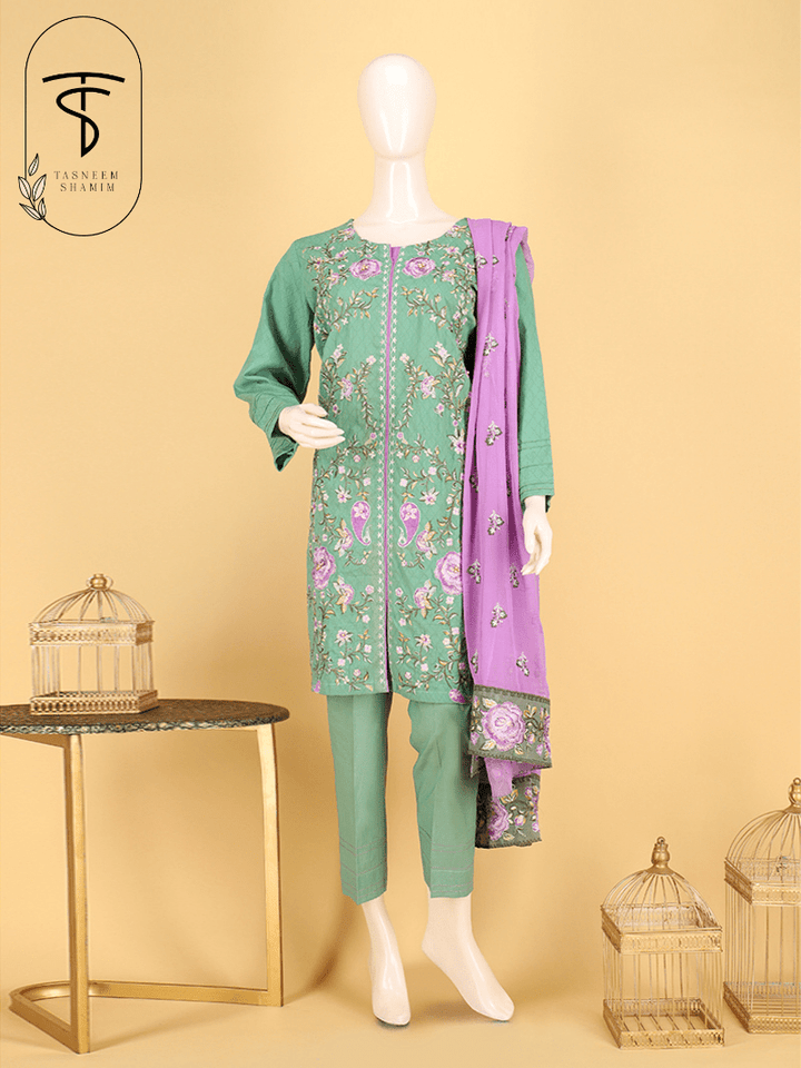 Roshnaay- Mint Green Jacquard and Embroidered Unstitched 3 Piece Suit