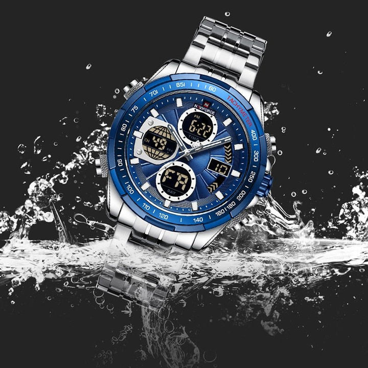 NAVIFORCE- New Luxury Brand Male Watches Fashion Stainless Steel Quartz Mens Watch Sports Waterproof Wristwatch Relogio Masculino Silver Blue