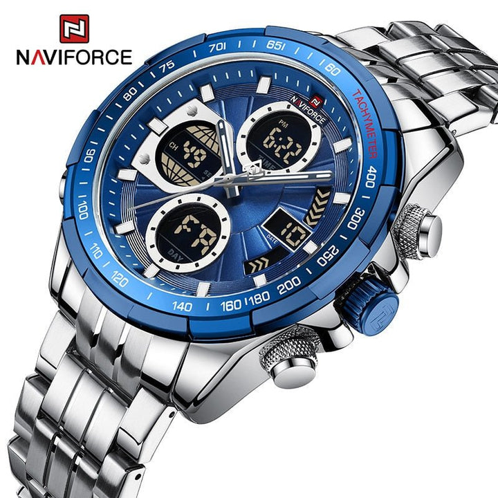 NAVIFORCE- New Luxury Brand Male Watches Fashion Stainless Steel Quartz Mens Watch Sports Waterproof Wristwatch Relogio Masculino Silver Blue