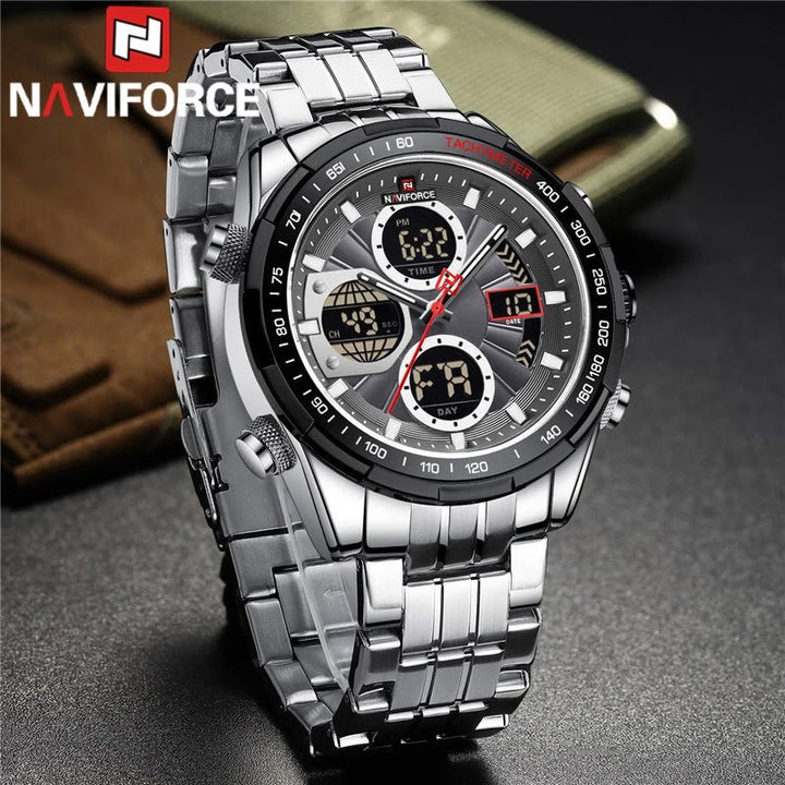 NAVIFORCE- NF9197 New Men's Business Stainless Steel Day Date Function Analog Digital Wristwatch