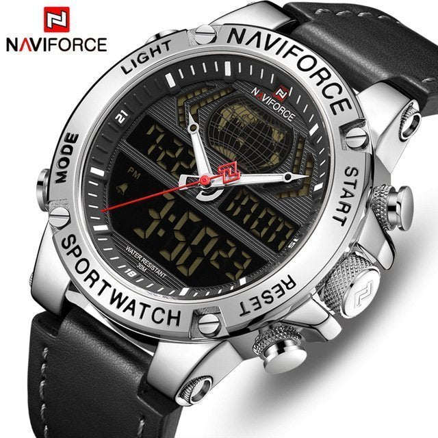 NAVIFORCE- PU Leather Dual Time Wrist Watch For Men Black | NF9164 | Silver-Black