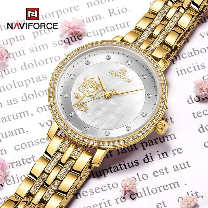 Naviforce- Luxury Brand Female Fashion Quartz Stainless Steel Waterproof Wrist Watch-NF5017 Gold