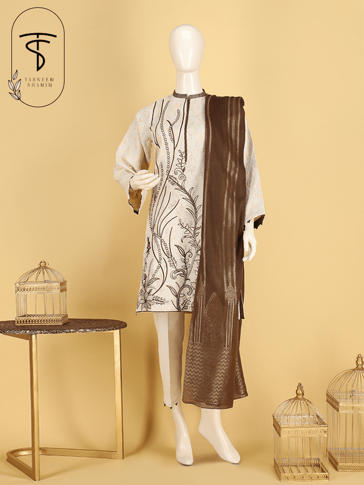 Roshnaay- Off White Jacquard and Embroidered Unstitched 3 Piece Suit