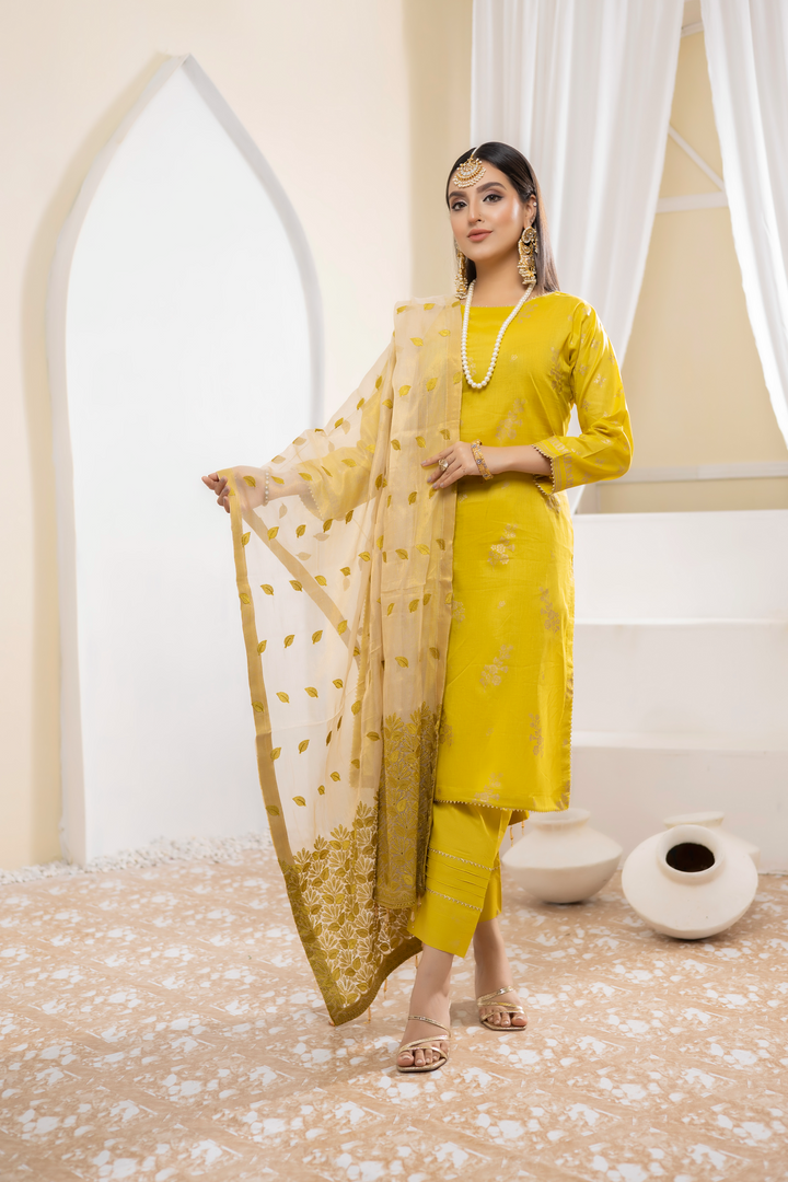 Pearla Lawn Gold Printed with Fancy Schiffli Dupatta PAR-001