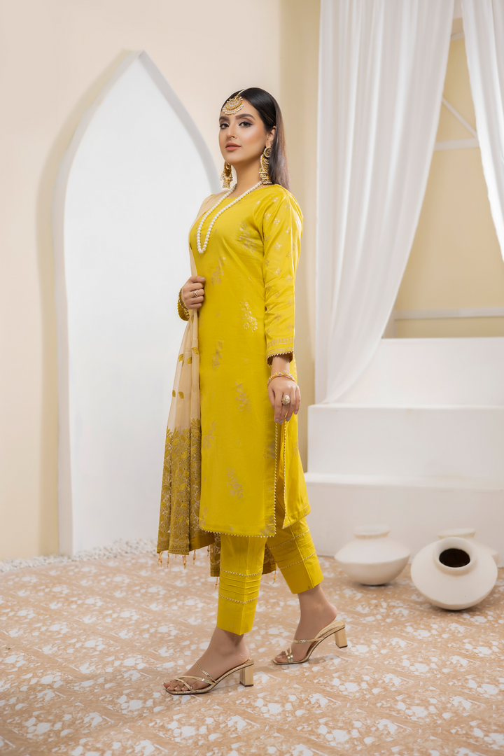 Pearla Lawn Gold Printed with Fancy Schiffli Dupatta PAR-001