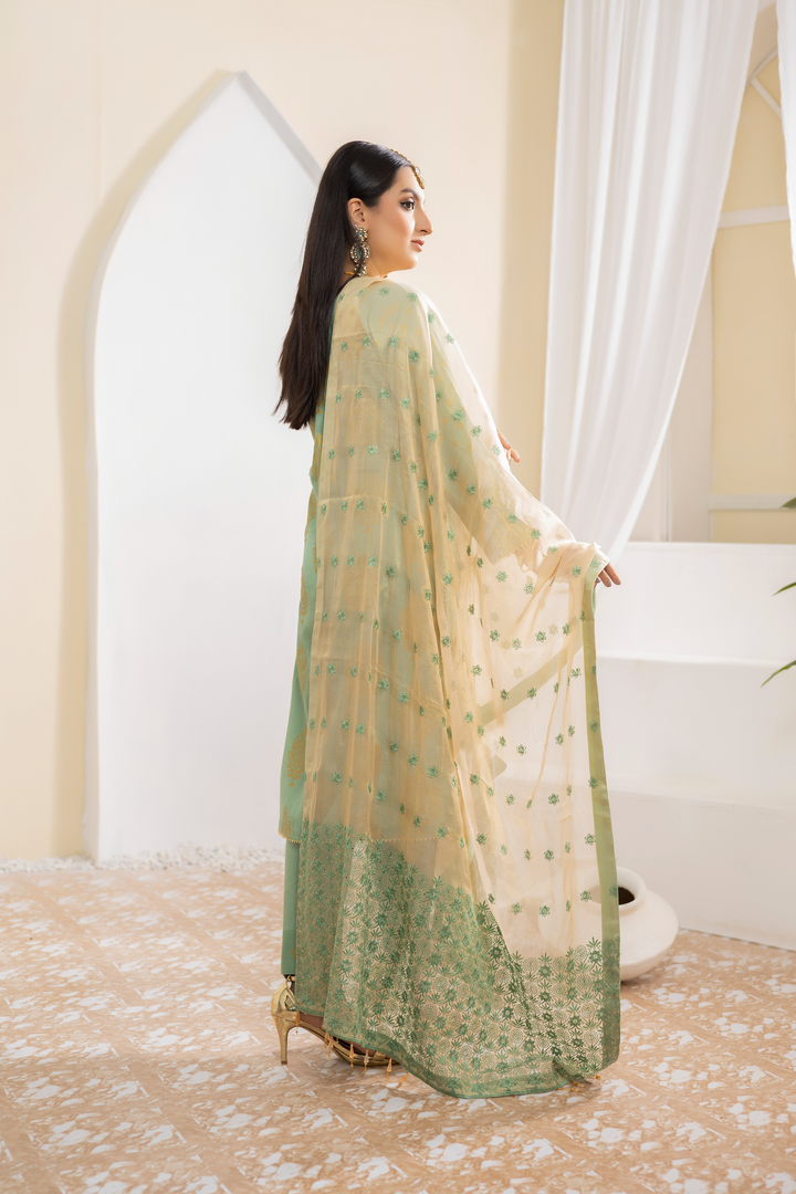 Pearla Lawn Gold Printed with Fancy Schiffli Dupatta PAR-002