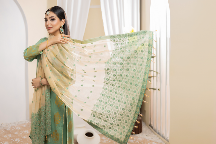 Pearla Lawn Gold Printed with Fancy Schiffli Dupatta PAR-002