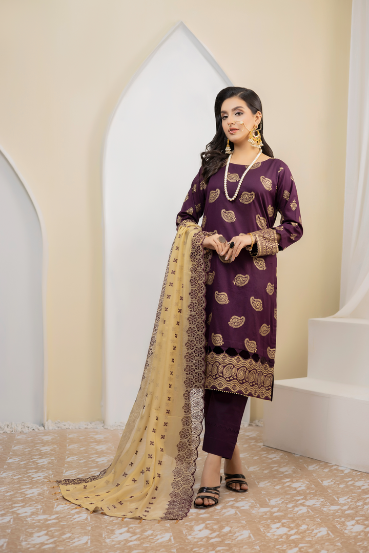 Pearla Lawn Gold Printed with Fancy Schiffli Dupatta PAR-004