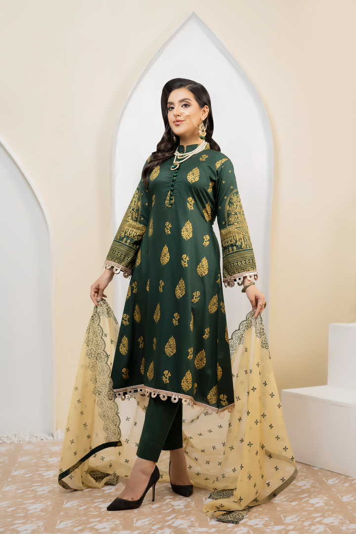 Pearla Lawn Gold Printed with Fancy Schiffli Dupatta PAR-005