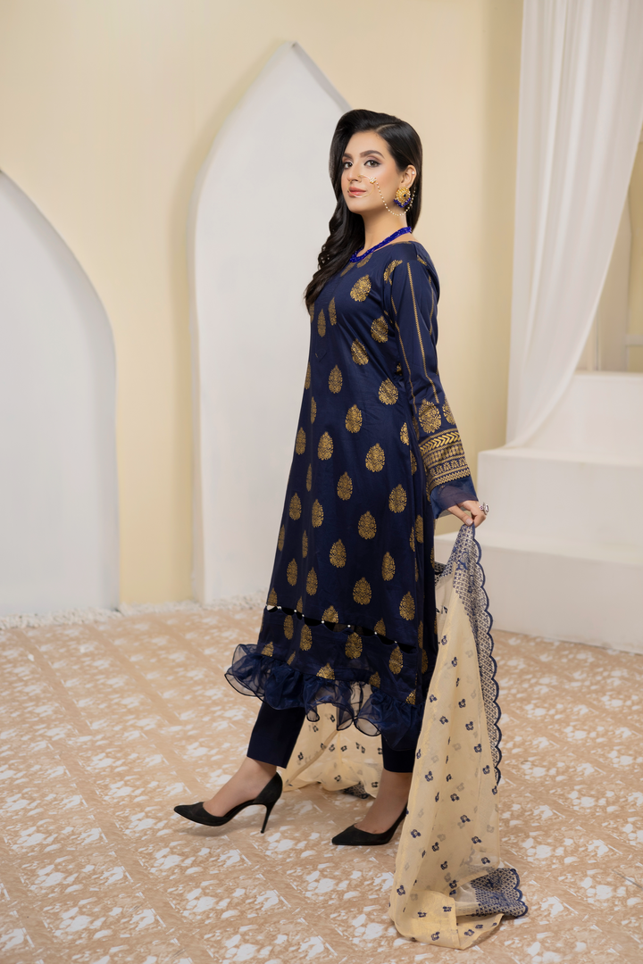 Pearla Lawn Gold Printed with Fancy Schiffli Dupatta PAR-006