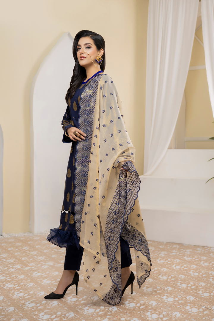 Pearla Lawn Gold Printed with Fancy Schiffli Dupatta PAR-006