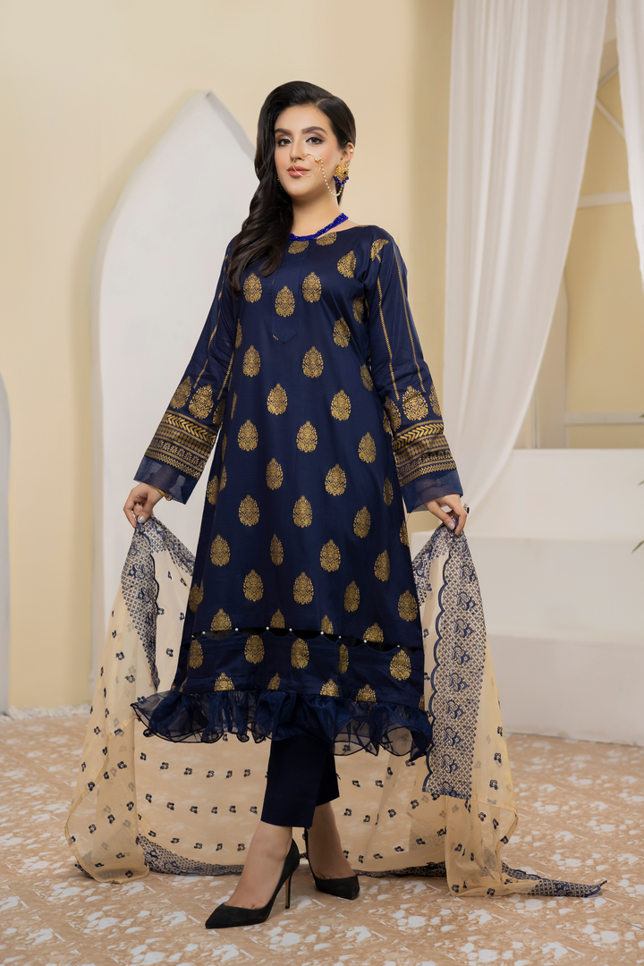 Pearla Lawn Gold Printed with Fancy Schiffli Dupatta PAR-006