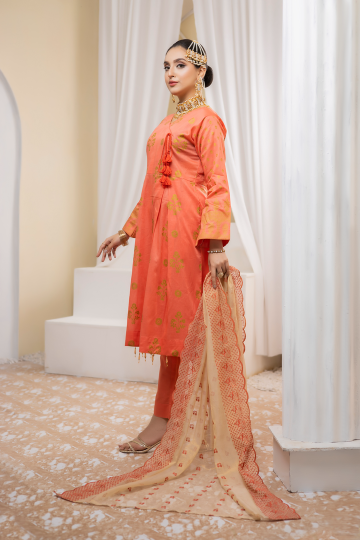 Pearla Lawn Gold Printed with Fancy Schiffli Dupatta PAR-008