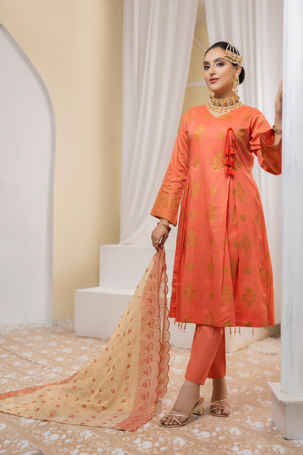 Pearla Lawn Gold Printed with Fancy Schiffli Dupatta PAR-008