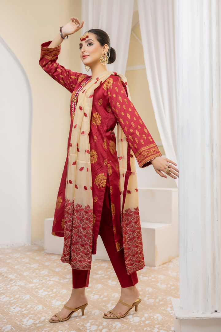 Pearla Lawn Gold Printed with Fancy Schiffli Dupatta PAR-009