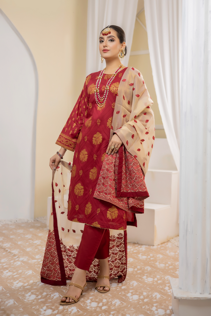 Pearla Lawn Gold Printed with Fancy Schiffli Dupatta PAR-009