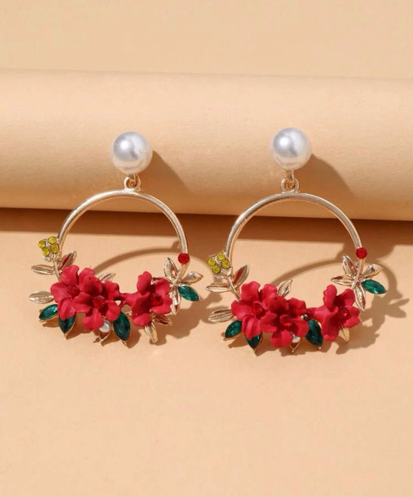 Pink Panda- Red Floral Hoops