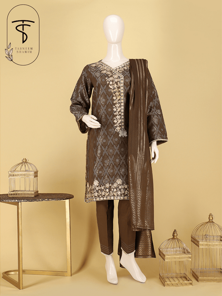 Roshnaay- Pecan Brown Jacquard and Embroidered Unstitched 3 Piece Suit