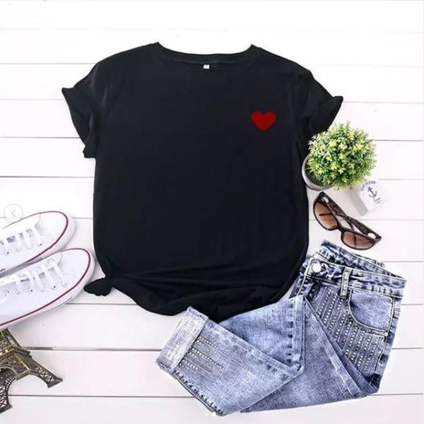 Emerce- Pocket Red Heart Printed Half Sleeves T Shirt Black