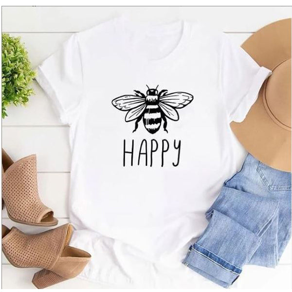 Emerce- BEE+HAPPY Printed Half Sleeves T-Shirt - White