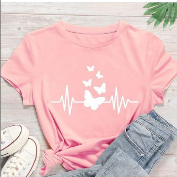 Emerce- Butterfly Line Printed Half Sleeves T-Shirt - Pink