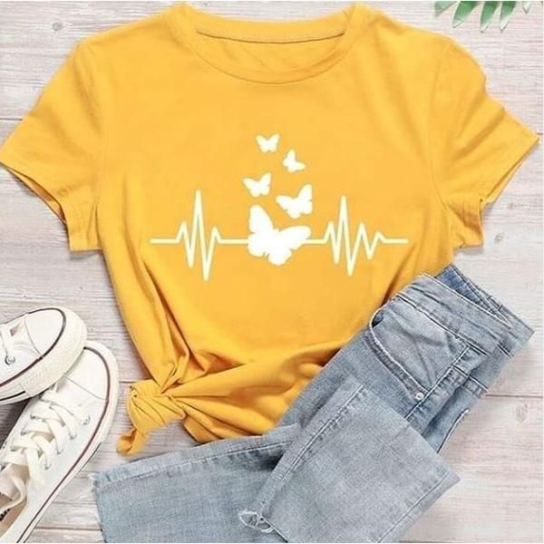 Emerce- Butterfly Line Printed Half Sleeves T-Shirt - Yellow